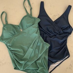 NEW Bundle of Two Cupshe One Piece Swimsuits Small Green Blue Ruched